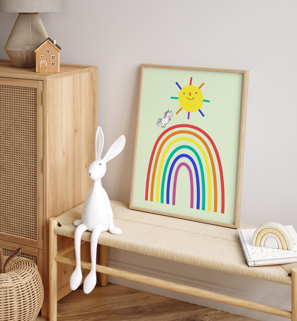 Rainbow Sun And Unicorn  Kids Paintings placed on a wall