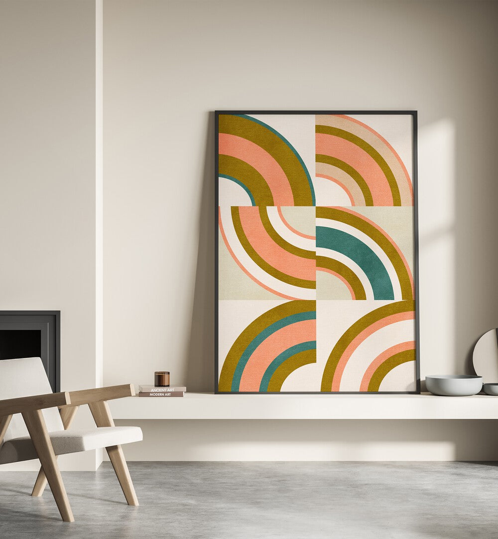 Rainbow Suns x By Ana Rut Bre Abstract Art Abstract Wall Art in Black Plain Frame placed on a  console table