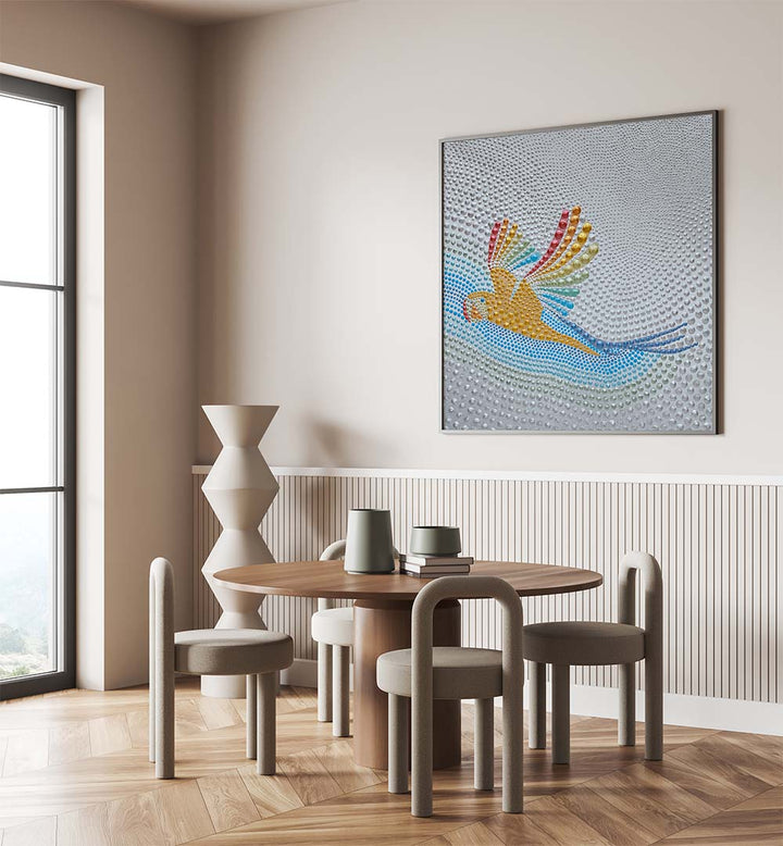 Vibrant RAINBOW PARROT FLIGHT, KIDS ROOM PAINTINGS brighten up any child's room with colorful charm and whimsy.