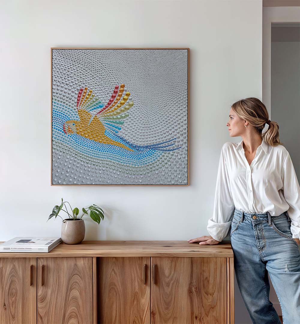 Vibrant RAINBOW PARROT FLIGHT, KIDS ROOM PAINTINGS adorn a stylish kids room, perfect for a colorful wonderland.