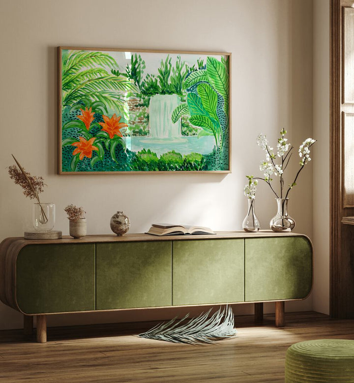 Rainforest By Key And Sea Creative Art Print in Oak Wood Plain Frame on a cream wall above a console table 