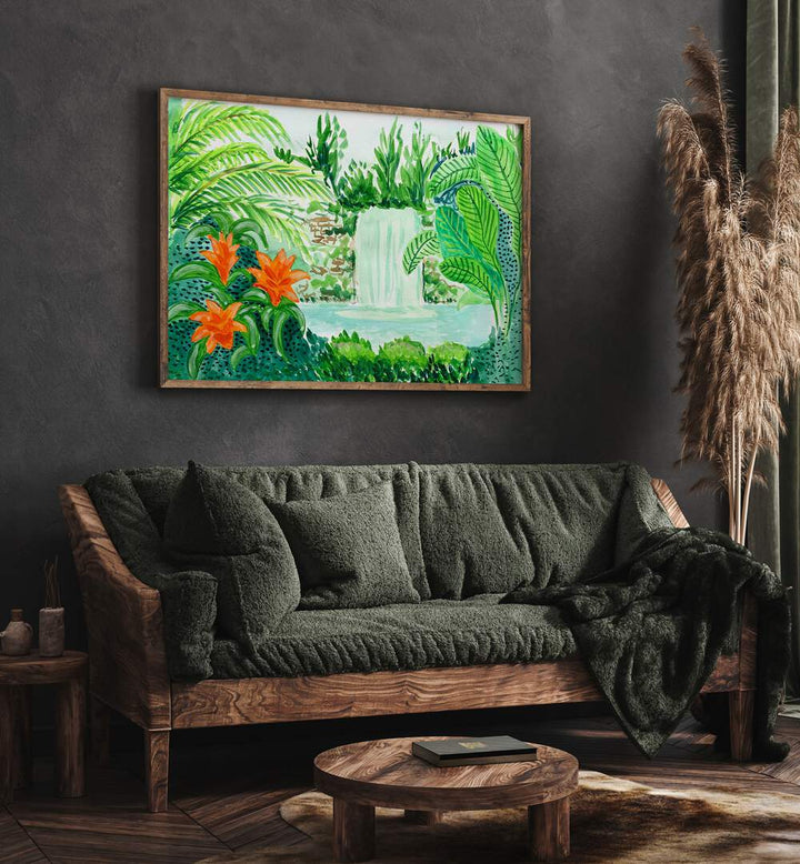 Rainforest By Key And Sea Creative Art Print in Oak Wood Plain Frame behind a sofa for living room