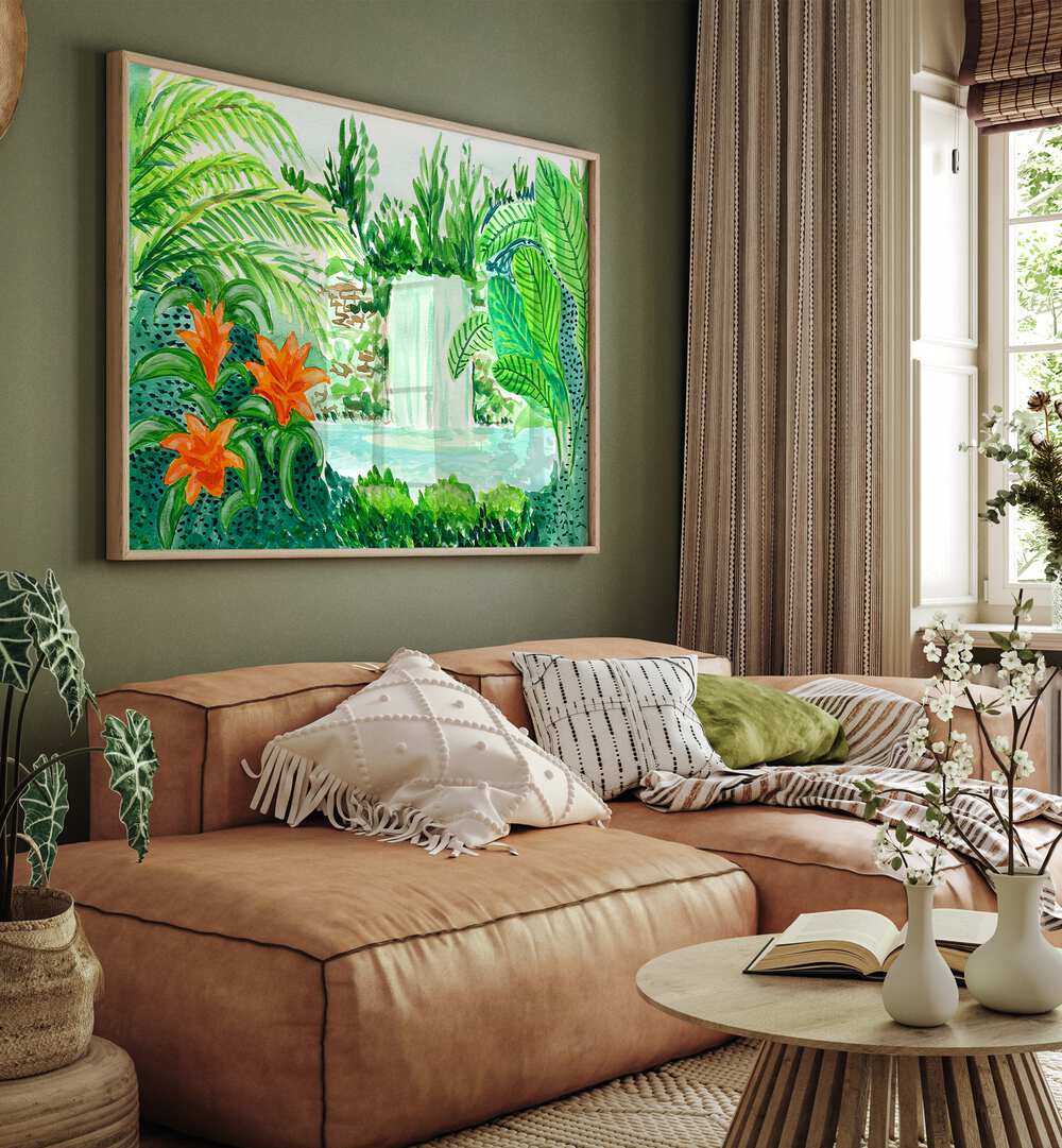 Rainforest By Key And Sea Creative Art Print in Oak Wood Plain Frame behind a sofa for living room