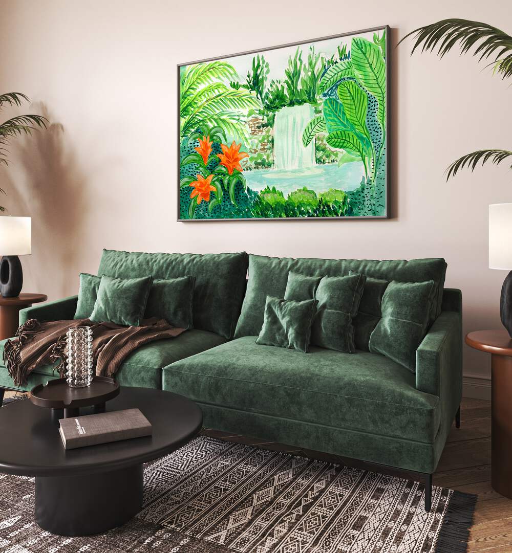 Rainforest By Key And Sea Creative Art Print in Black Plain Frame behind a green sofa for living room