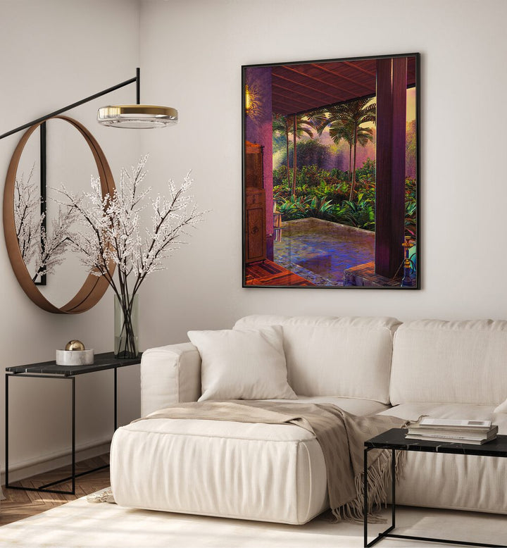 Rainforest Infinity Pool Art Print By Cosmo Zach Surreal Art Prints Surrealism in Black Plain Frame placed on a wall behind a sofa 