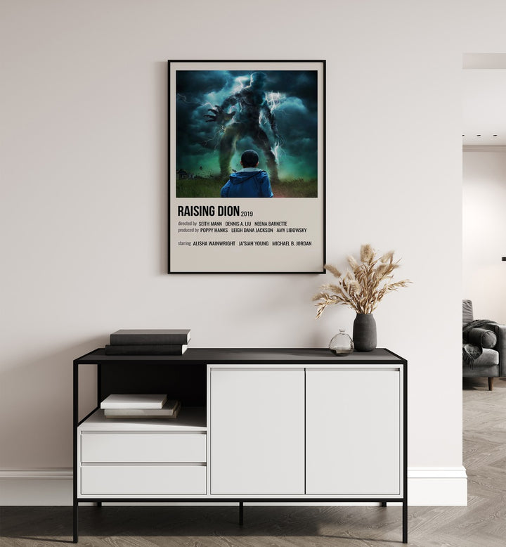 Raising Dion 2019 Movie Posters in Black Plain Frame hanging on wall above console table