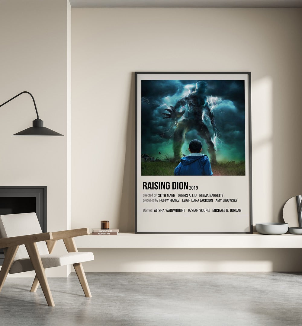 Raising Dion 2019 Movie Posters in Black Plain Frame place on a wall behind a chair beside lamp 