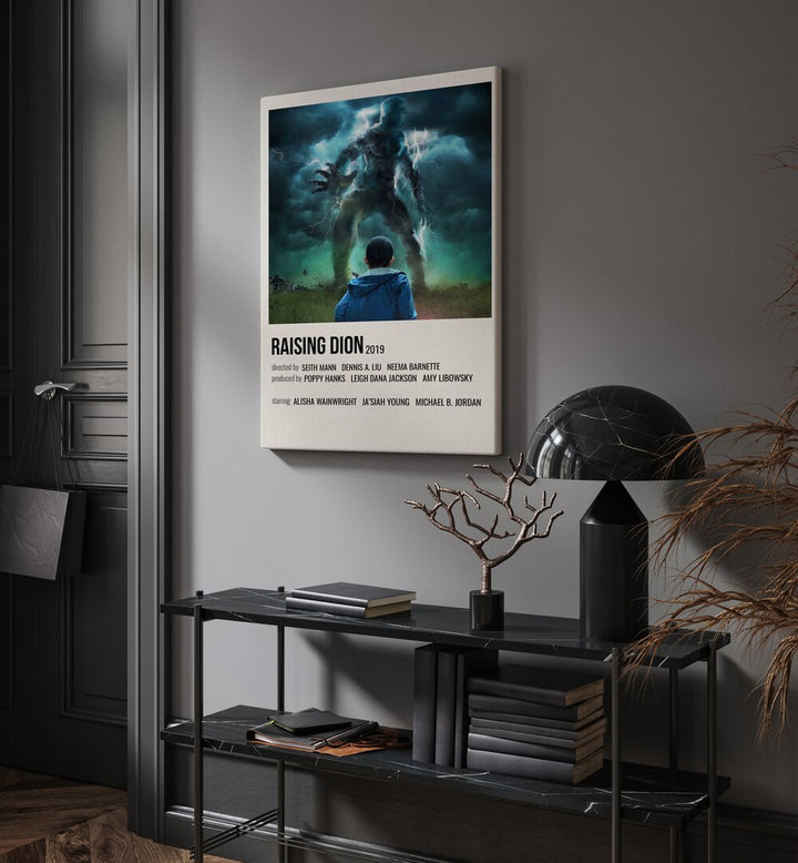 Raising Dion 2019 Movie Posters in Gallery Wrap hanging on wall above console table beside door and window
