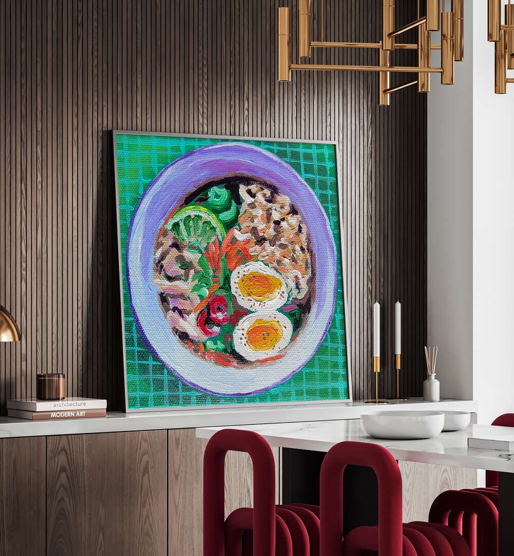 Ramen By Key And Sea Creative Kitchen Art Print in Black Plain Frame on a console table behind a dining table