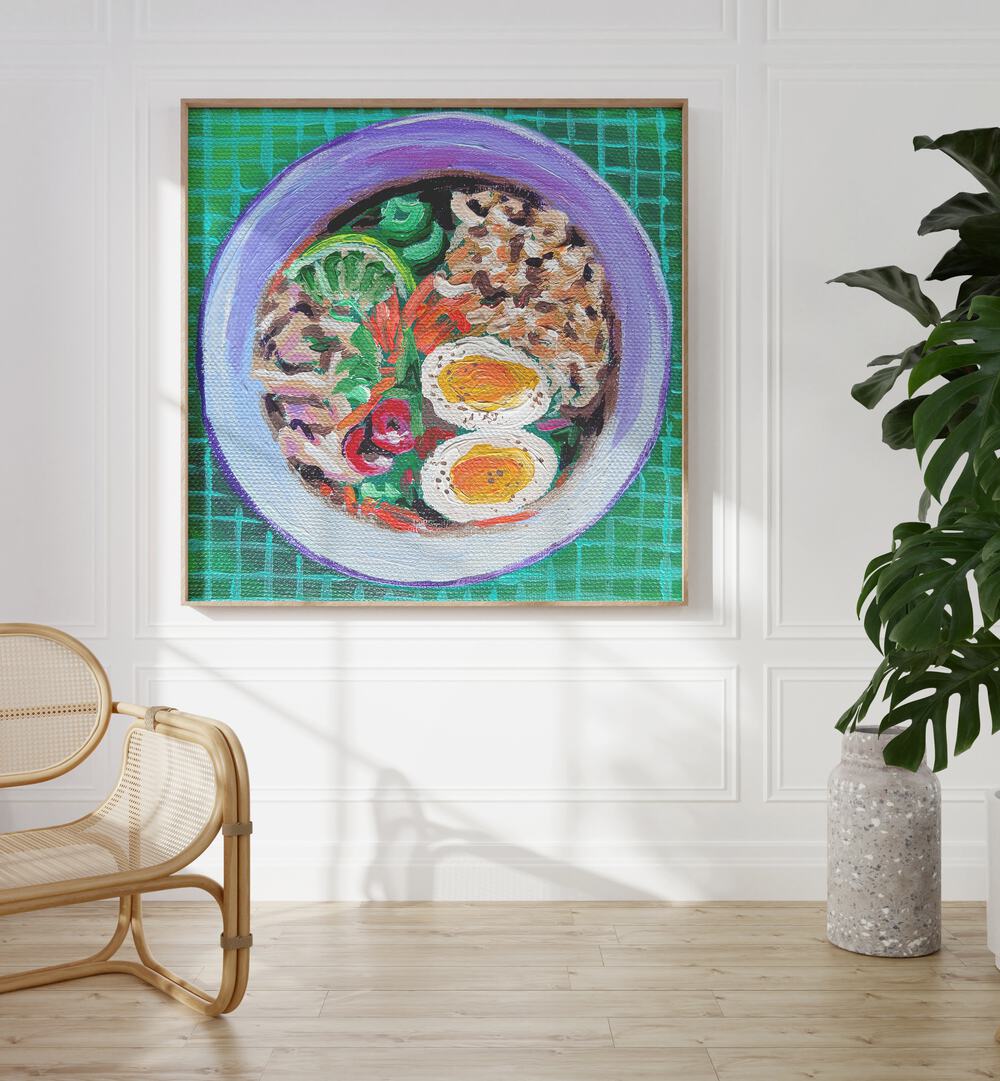 Ramen By Key And Sea Creative Kitchen Art Print in Oak Wood Plain Frame on a white wall beside a plant