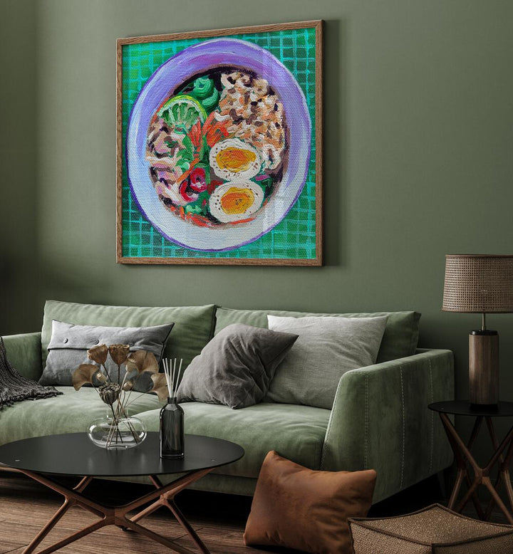 Ramen By Key And Sea Creative Kitchen Art Print in Oak Wood Plain Frame behind a sofa for living room