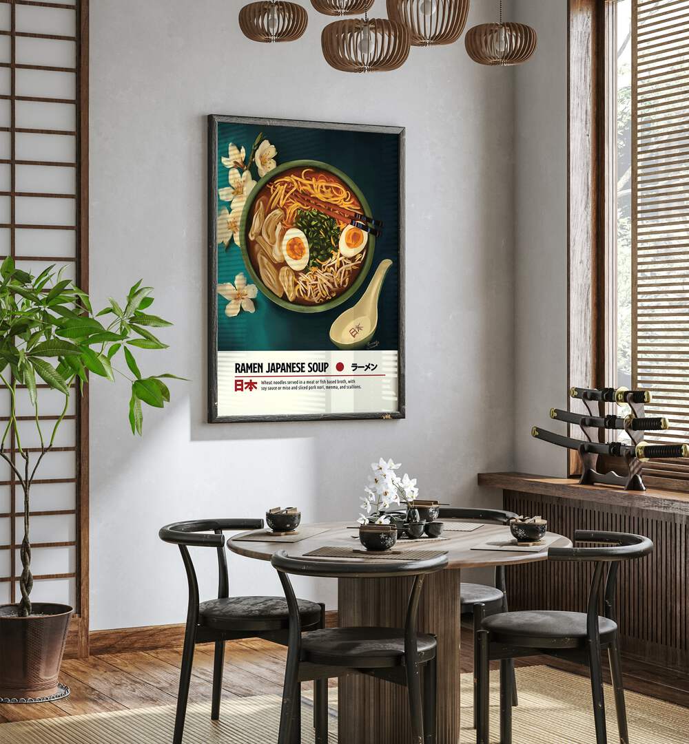 Ramen by Studio Mandariini Kitchen Posters Kitchen Art Prints in Black Plain Frame placed on a wall in a dining room area beside a window and behind a dining table