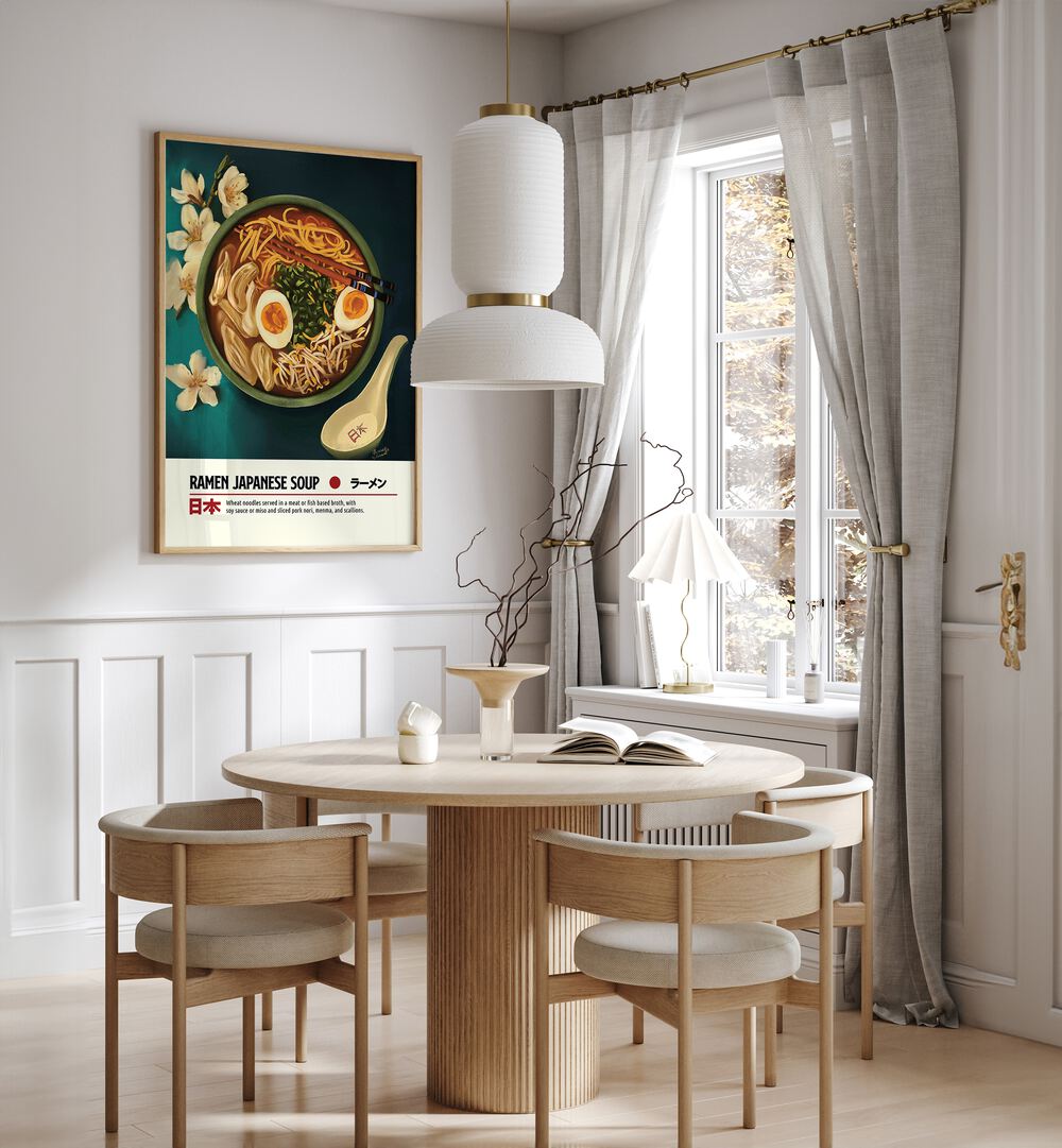 Ramen by Studio Mandariini Kitchen Posters Kitchen Art Prints in Oak Wood Floater Frame placed on a wall in a dining room area beside a window and behind a dining table