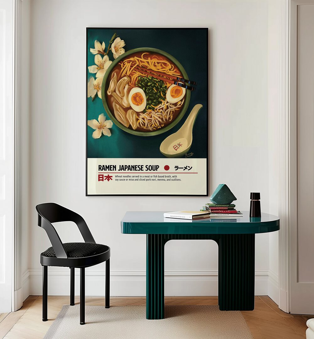 Ramen by Studio Mandariini Kitchen Posters Kitchen Art Prints in Black Plain Frame placed on a wall behind a study table