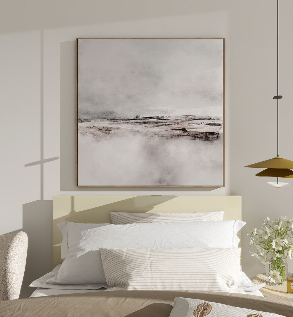 Ranch By Dan Hobday Abstract Art Abstract Paintings in Oak Wood Floater Frame placed on a White Colored Wall near a Bed in the Bedroom