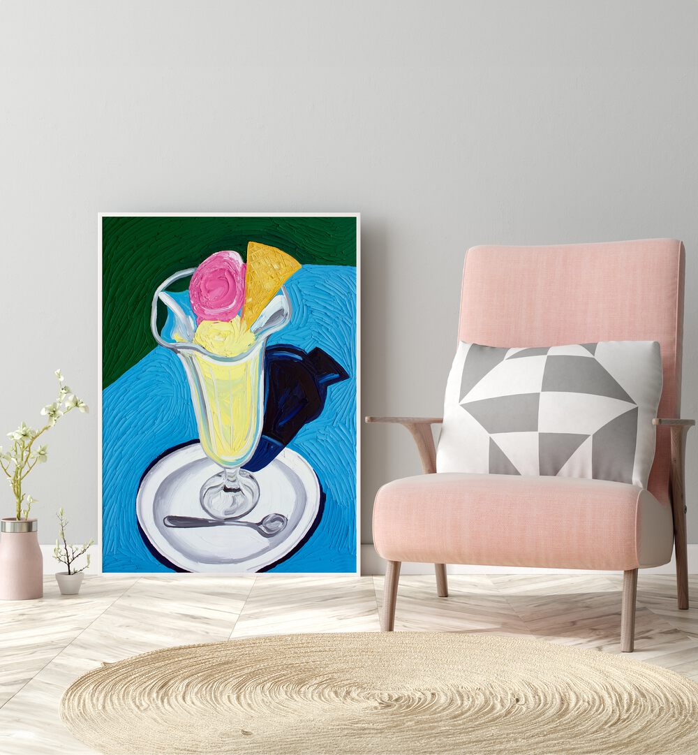 Raspberry And Vanilla Ice Cream By Alice Straker Cafe Art Prints Cafe Posters in White Plain Frame  placed on the floor in the Living Room