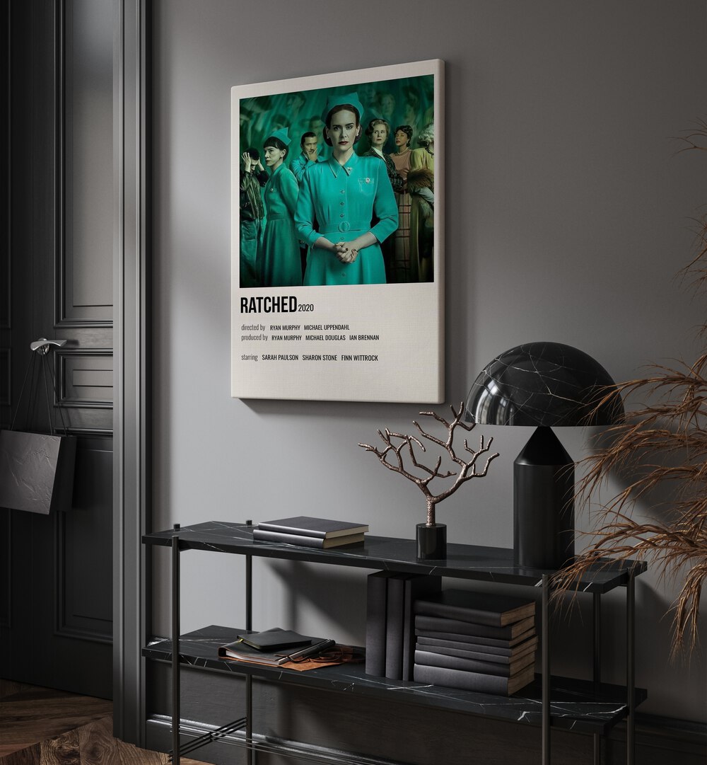 Ratched 2020 Movie Posters in Gallery Wrap hanging on wall above console table beside door and window