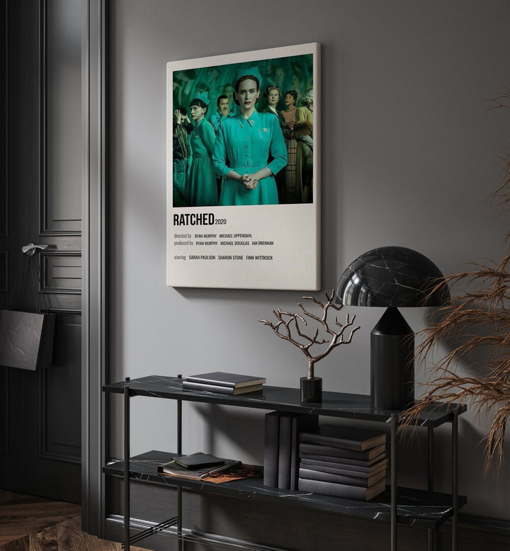 Ratched 2020 Movie Posters in Gallery Wrap hanging on wall above console table beside door and window