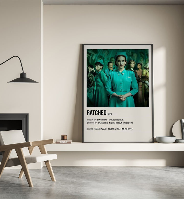Ratched 2020 Movie Posters in Black Plain Frame place on a wall behind a chair beside lamp