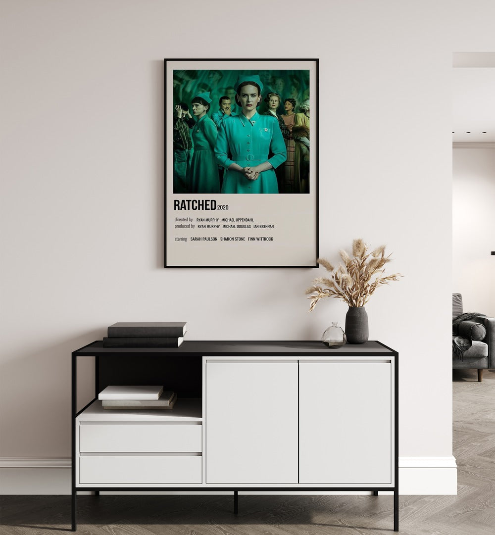 Ratched 2020 Movie Posters in Black Plain Frame hanging on wall above console table