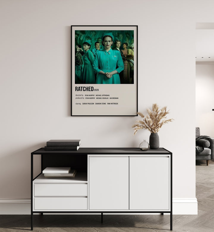 Ratched 2020 Movie Posters in Black Plain Frame hanging on wall above console table
