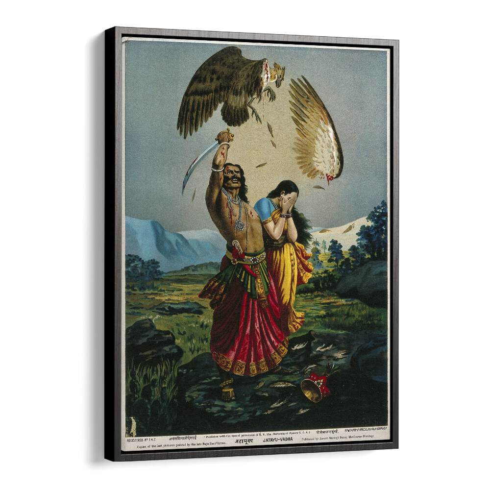 Ravana Slaughtering Jatayu The Vulture By Raja Ravi Varma Indian Paintings in Black Floater Frame