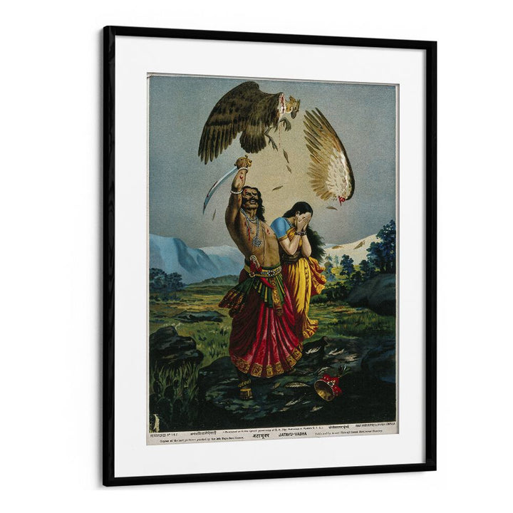 Ravana Slaughtering Jatayu The Vulture By Raja Ravi Varma Indian Paintings in Black Frame With Mount