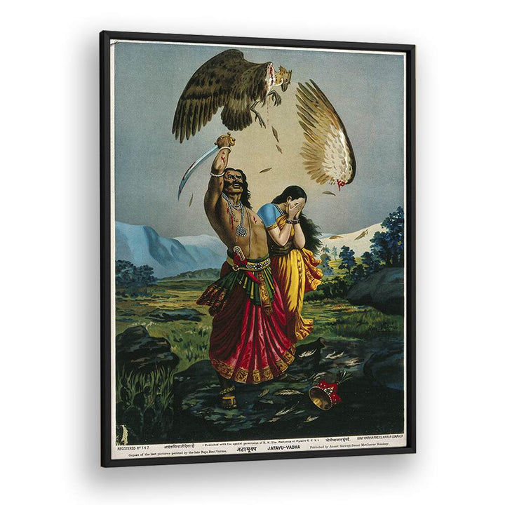 Ravana Slaughtering Jatayu The Vulture By Raja Ravi Varma Indian Paintings in Black Plain Frame