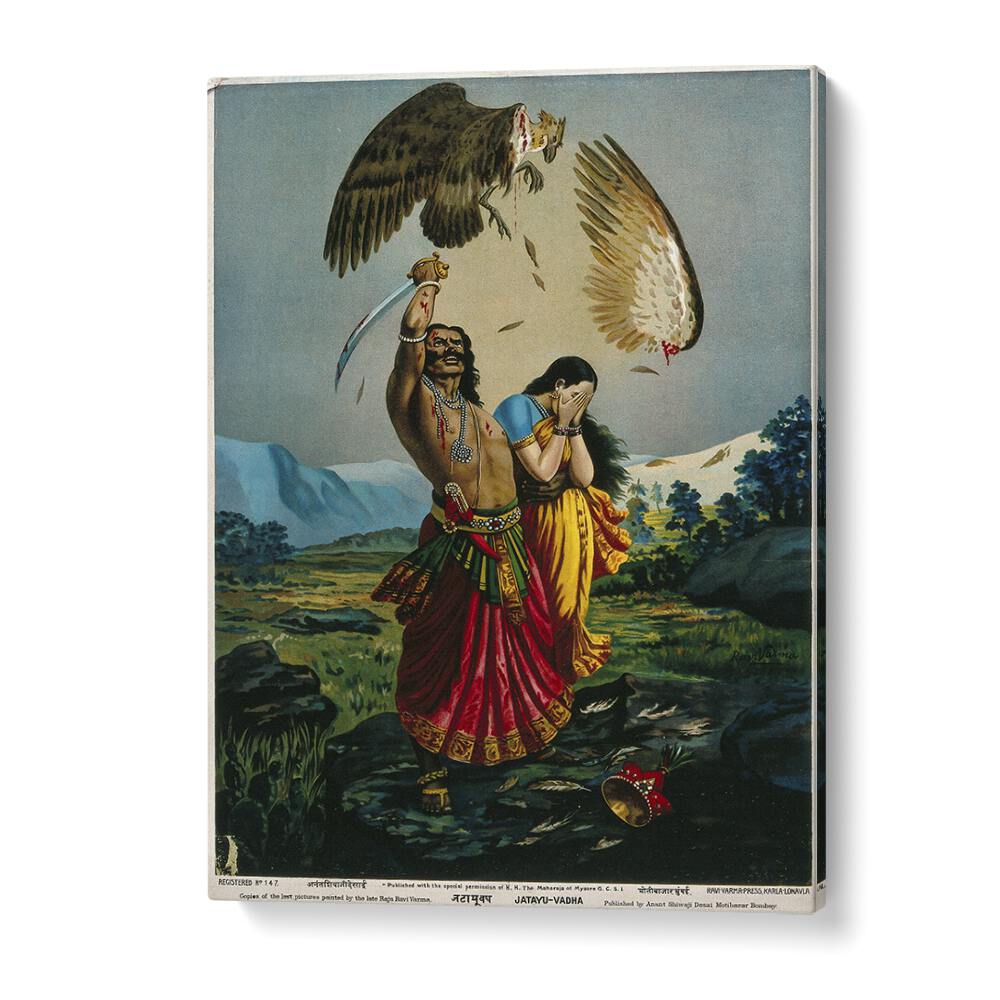 Ravana Slaughtering Jatayu The Vulture By Raja Ravi Varma Indian Paintings in Gallery Wrap