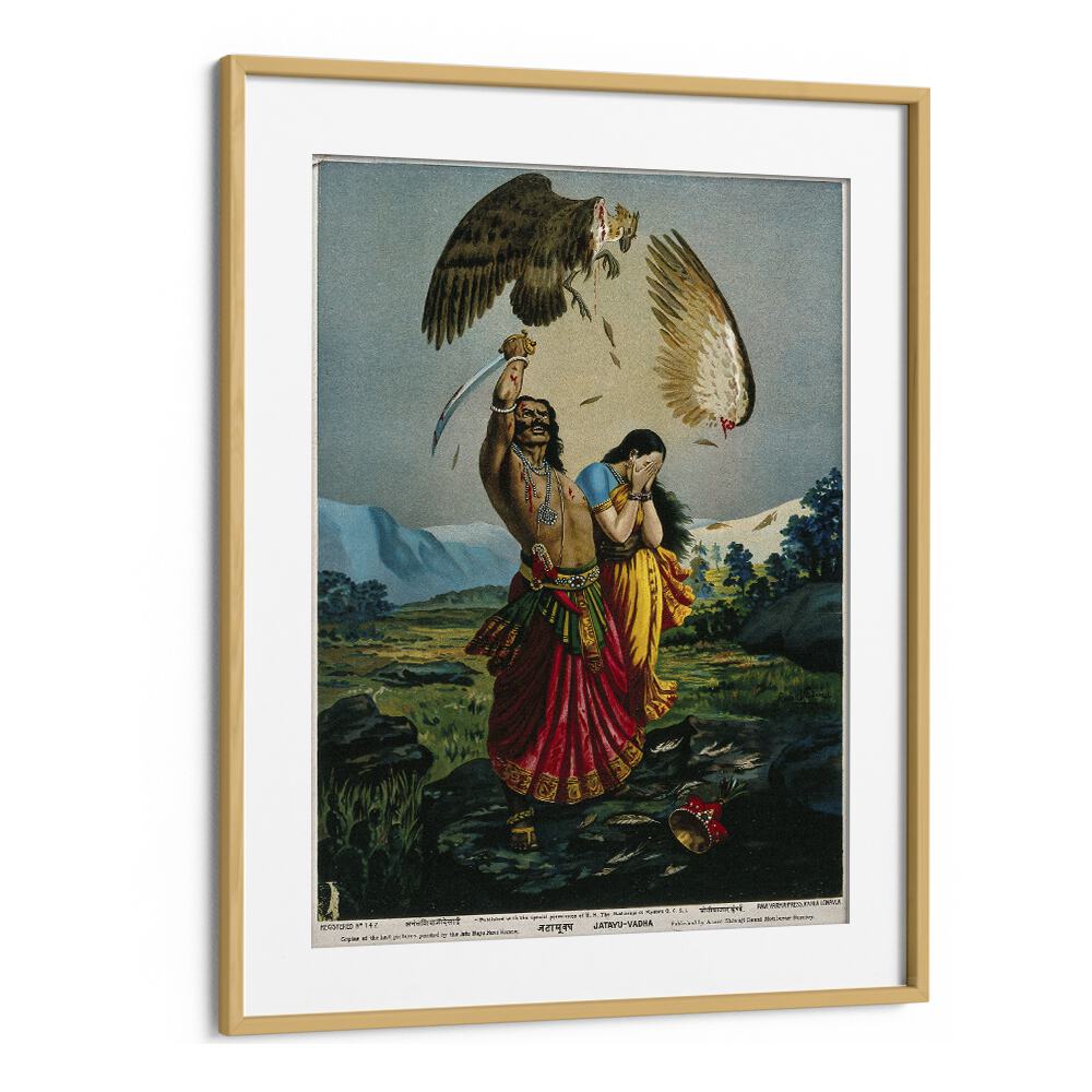 Ravana Slaughtering Jatayu The Vulture By Raja Ravi Varma Indian Paintings in Oak Wood Frame With Mount