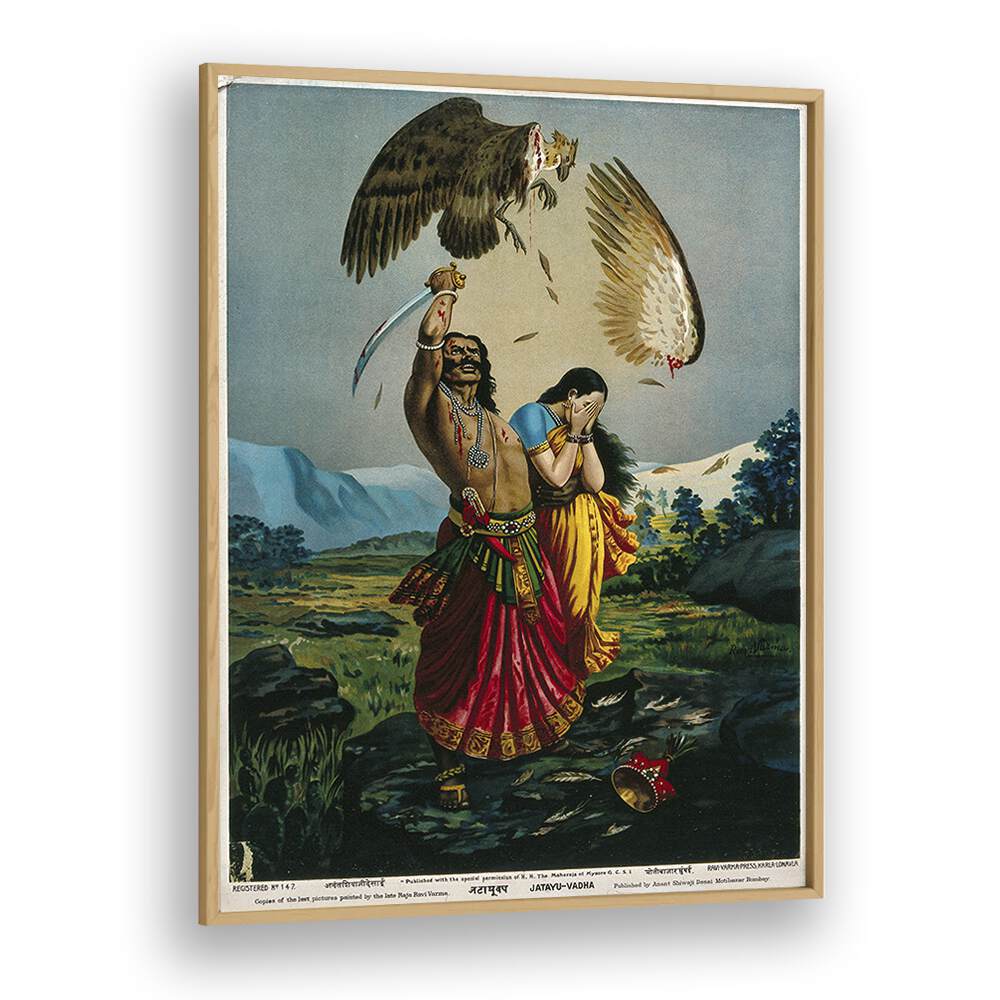 Ravana Slaughtering Jatayu The Vulture By Raja Ravi Varma Indian Paintings in Oak Wood Plain Frame