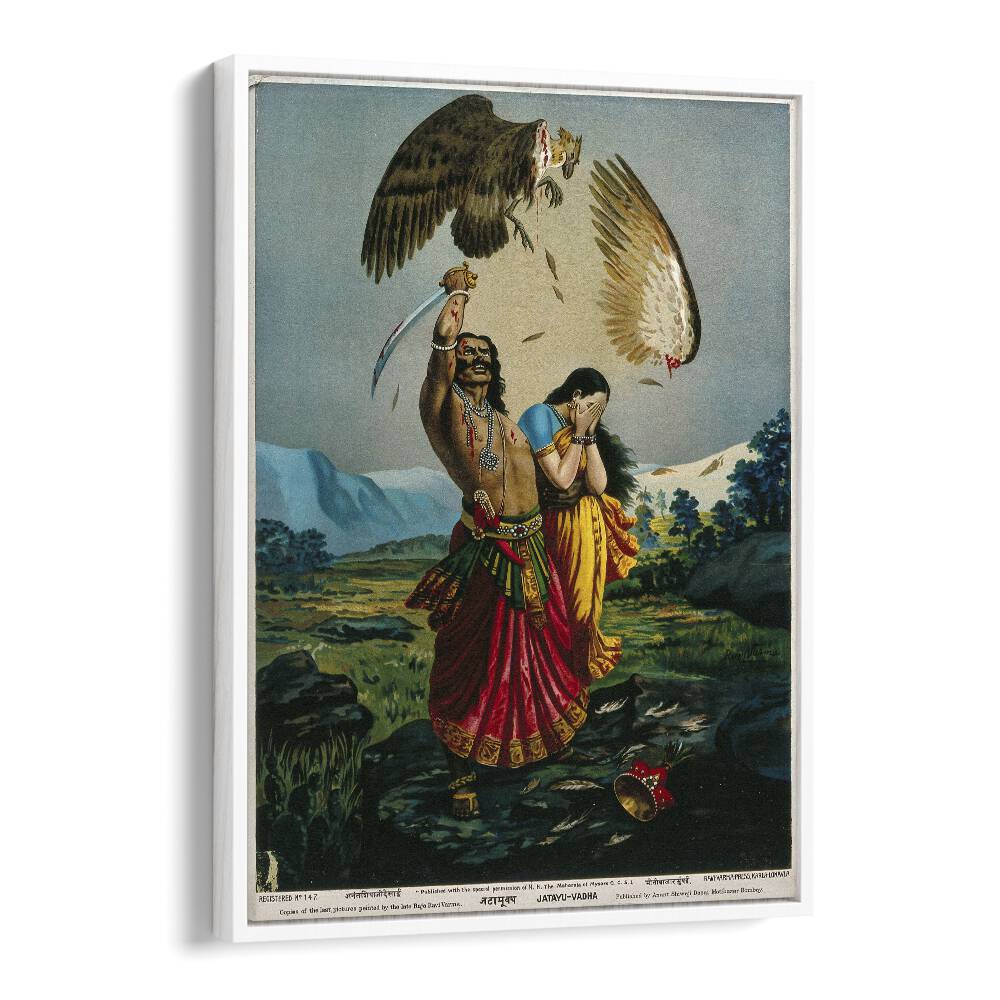 Ravana Slaughtering Jatayu The Vulture By Raja Ravi Varma Indian Paintings in White Floater Frame