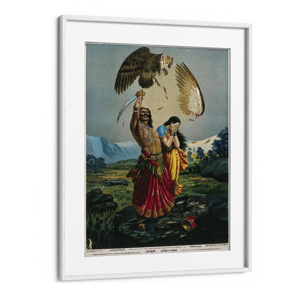 Ravana Slaughtering Jatayu The Vulture By Raja Ravi Varma Indian Paintings in White Frame With Mount