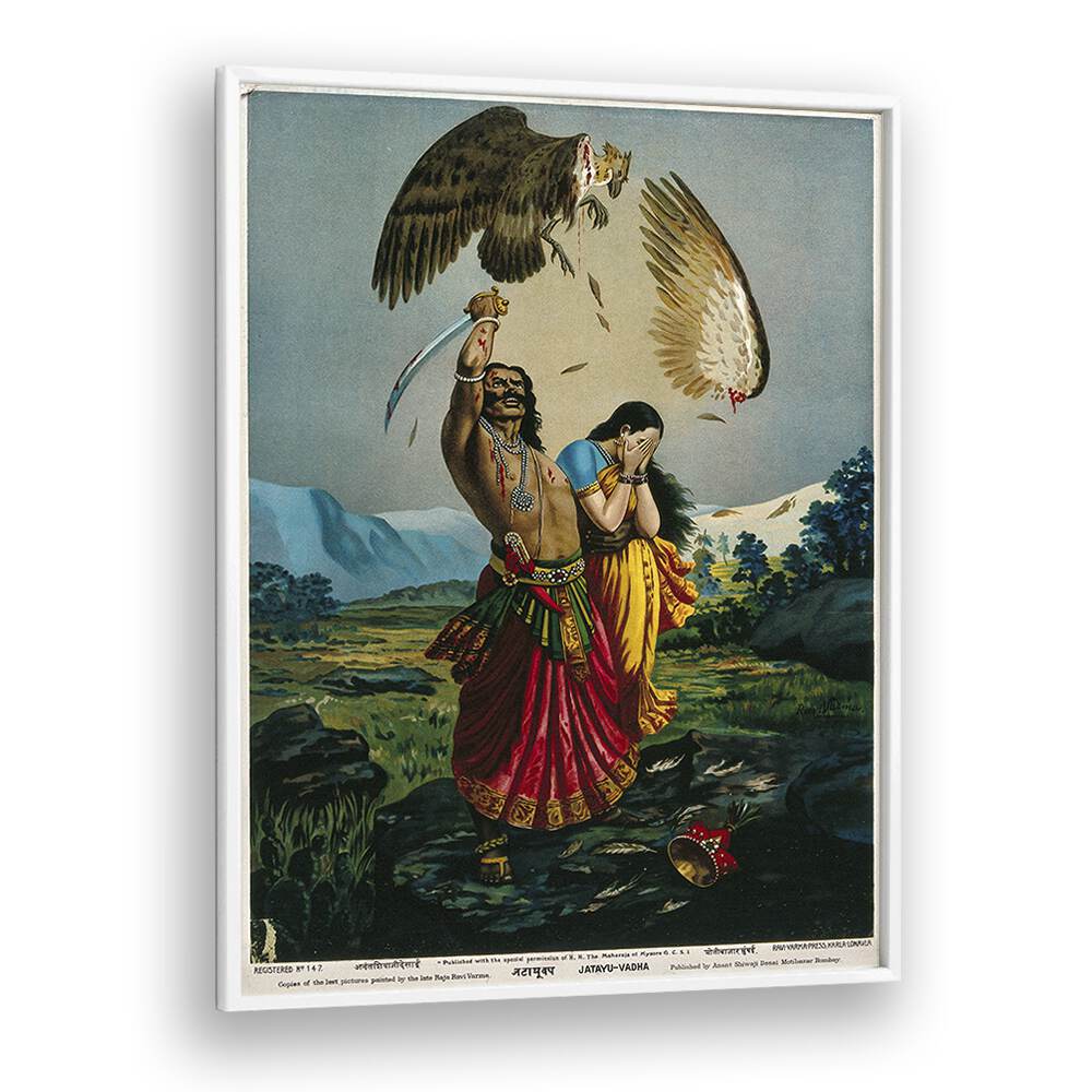 Ravana Slaughtering Jatayu The Vulture By Raja Ravi Varma Indian Paintings in White Plain Frame