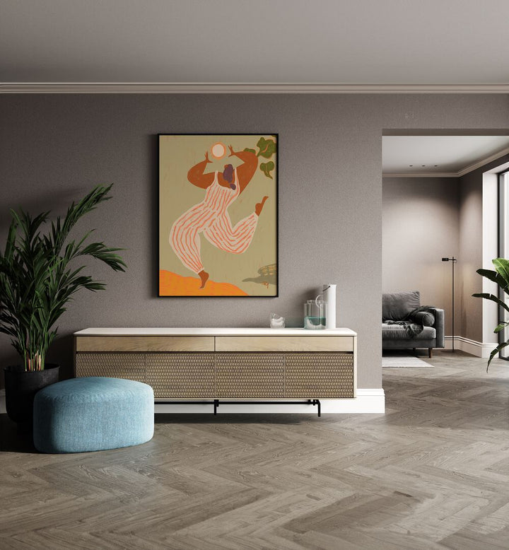 Reach For The Sun By Arty Guava Wall Art Prints in Black Plain Frame placed on a Beige Colored Wall above a Console Table in the Drawing Room