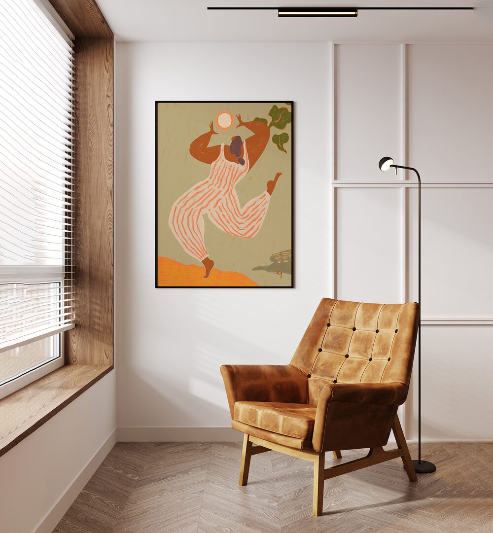 Reach For The Sun By Arty Guava Wall Art Prints in Black Plain Frame placed on a Cream Colored Wall in the Drawing Room