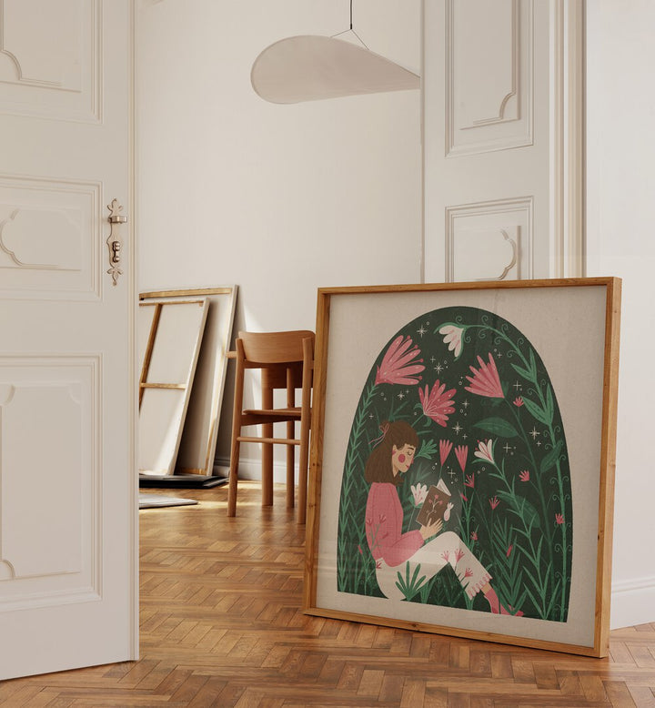 Reading In A Dome Of Plants By Julia Leister Women Illustration Paintings in Oak Wood Plain Frame placed on a wooden floor beside a door