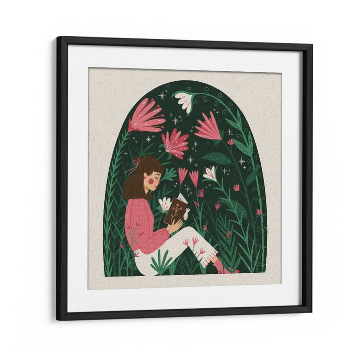 Reading In A Dome Of Plants By Julia Leister Women Illustration Paintings in Black Frame With Mount