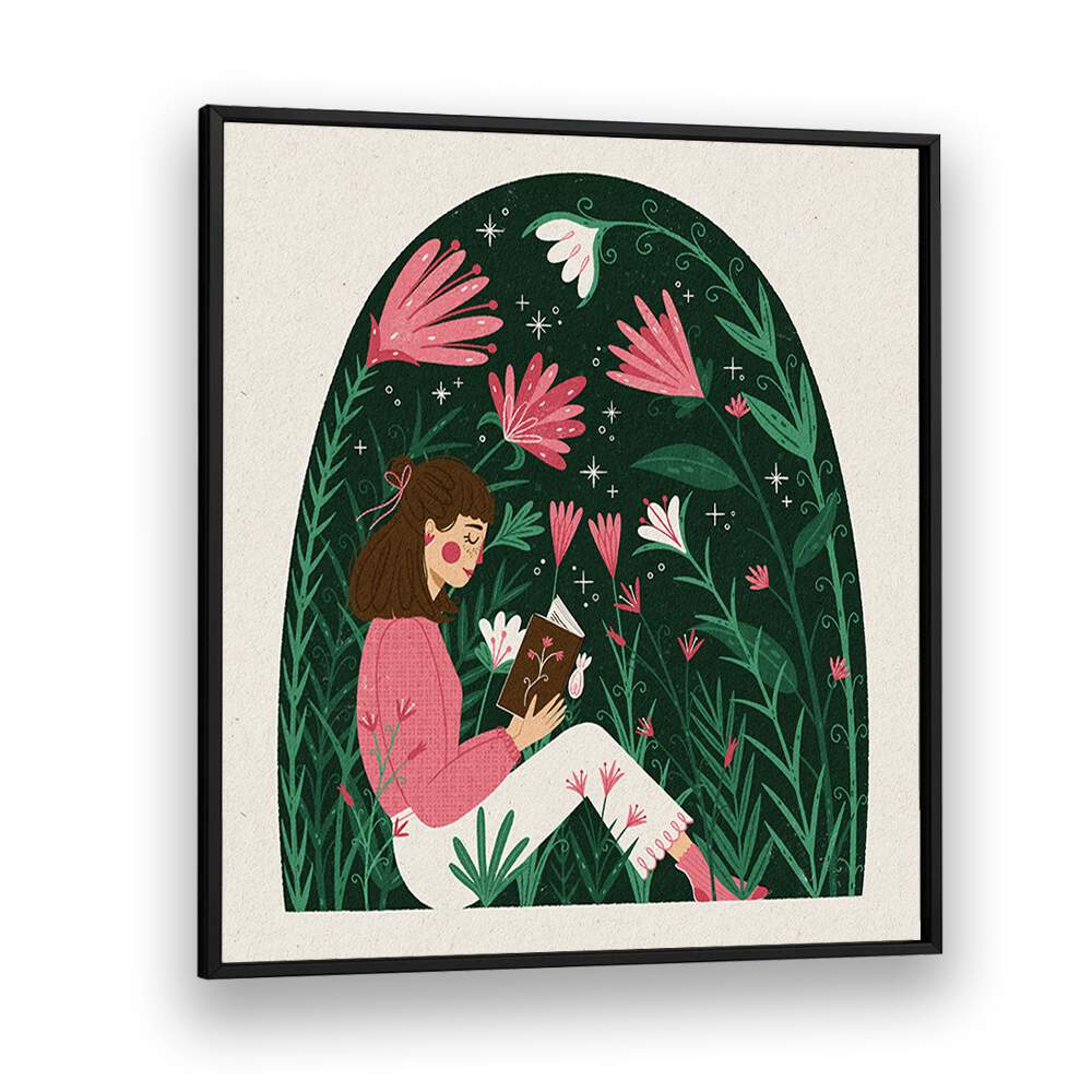 Reading In A Dome Of Plants By Julia Leister Women Illustration Paintings in Black Plain Frame