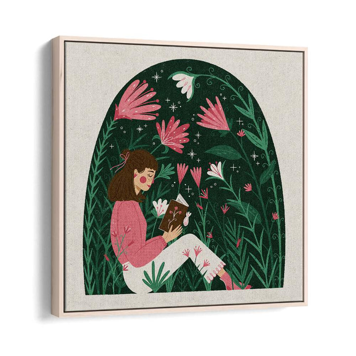 Reading In A Dome Of Plants By Julia Leister Women Illustration Paintings in Oak Wood Floater Frame