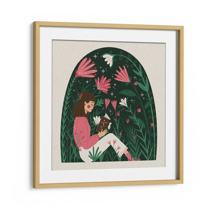 Reading In A Dome Of Plants By Julia Leister Women Illustration Paintings in Oak Wood Frame With Mount