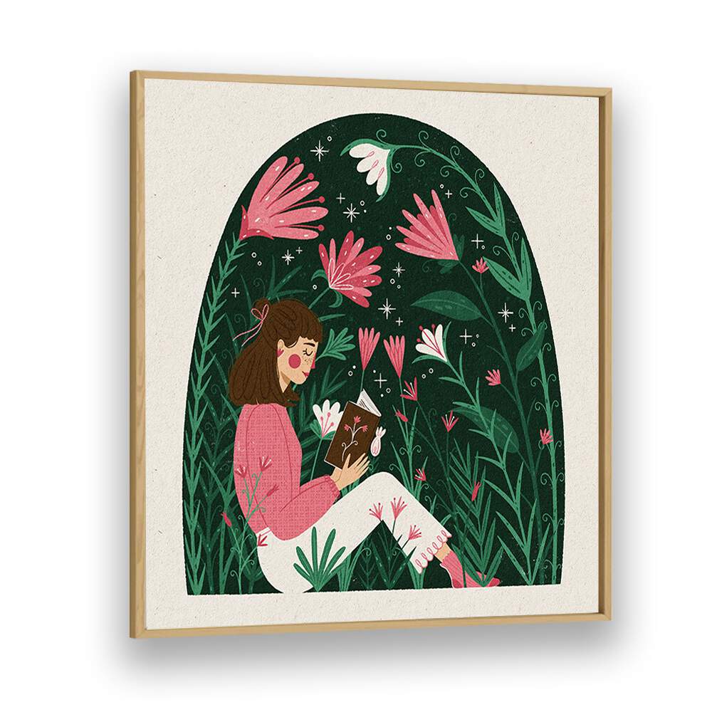 Reading In A Dome Of Plants By Julia Leister Women Illustration Paintings in Oak Wood Plain Frame