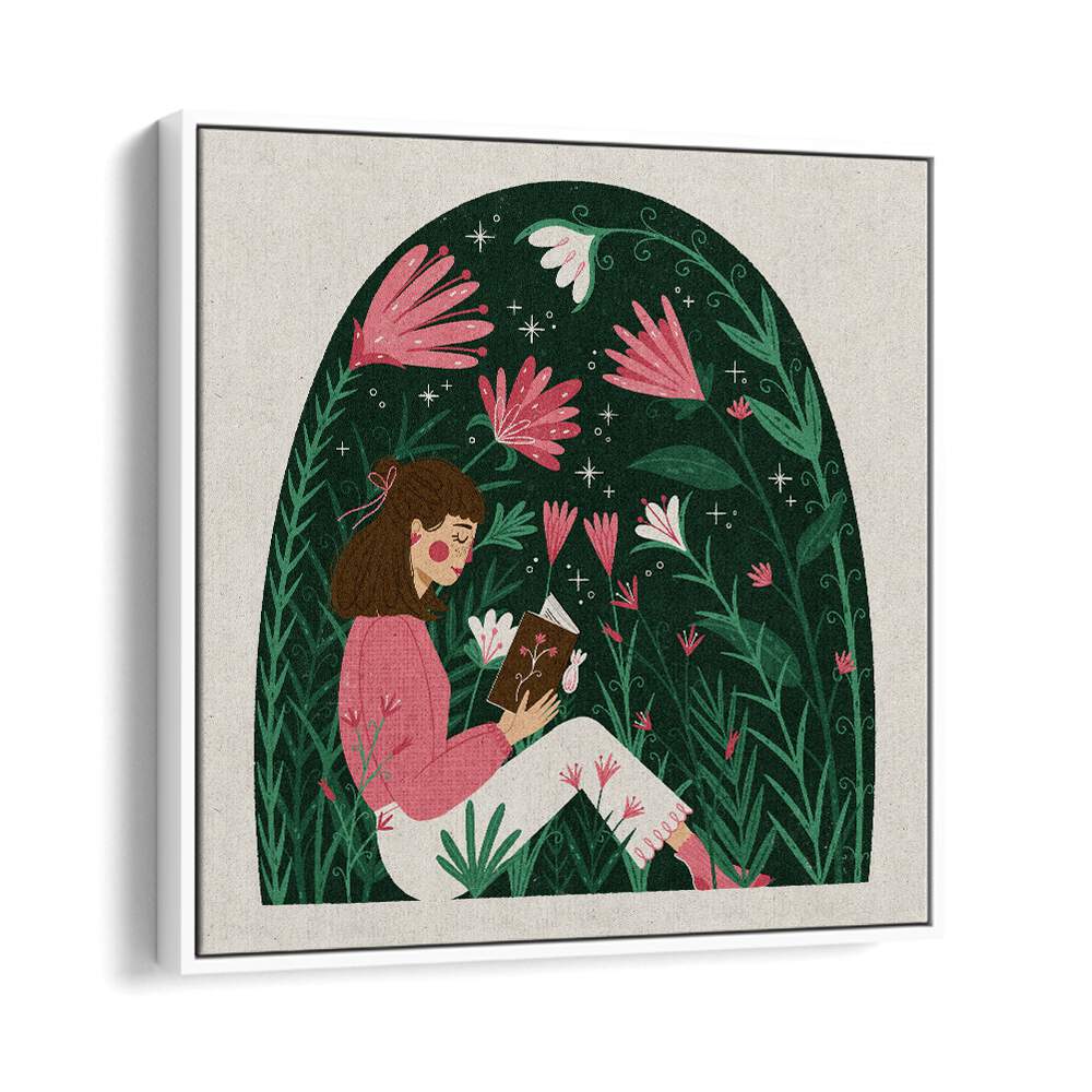 Reading In A Dome Of Plants By Julia Leister Women Illustration Paintings in White Floater Frame