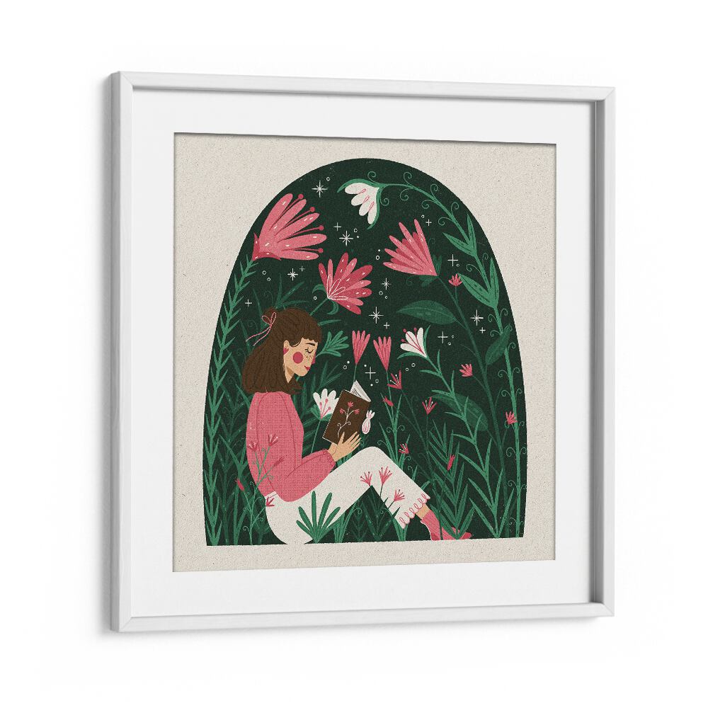 Reading In A Dome Of Plants By Julia Leister Women Illustration Paintings in White Frame With Mount