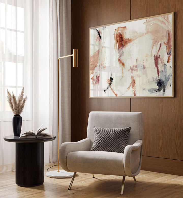 Reason By Dan Hobday Abstract Art Abstract Paintings in Oak Wood Plain Frame Placed on a Wooden Textured Wall in the Drawing Room