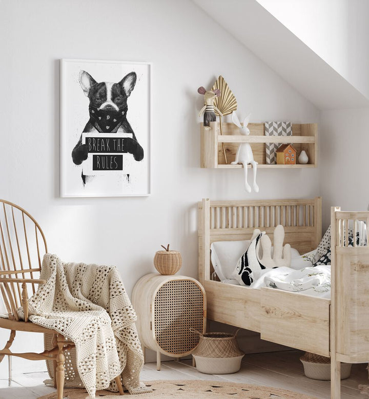 Rebel Dog By Balazs Solti Wildlife Art Prints in White Plain Frame placed on a White Colored Wall in the Kids Room