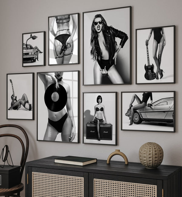 Stylish REBELLIOUS FASHION GALLERY WALL at Asian Monk features striking black and white framed art prints for bold decor.