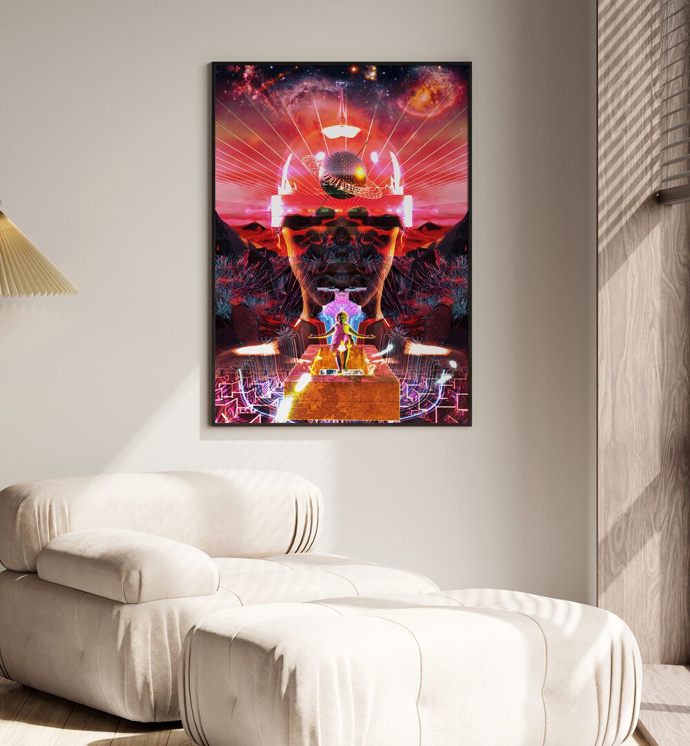 Rebirth By Cosmo Zach Surreal Art Prints Surrealism in Black Plain Frame placed on a wall behind a sofa