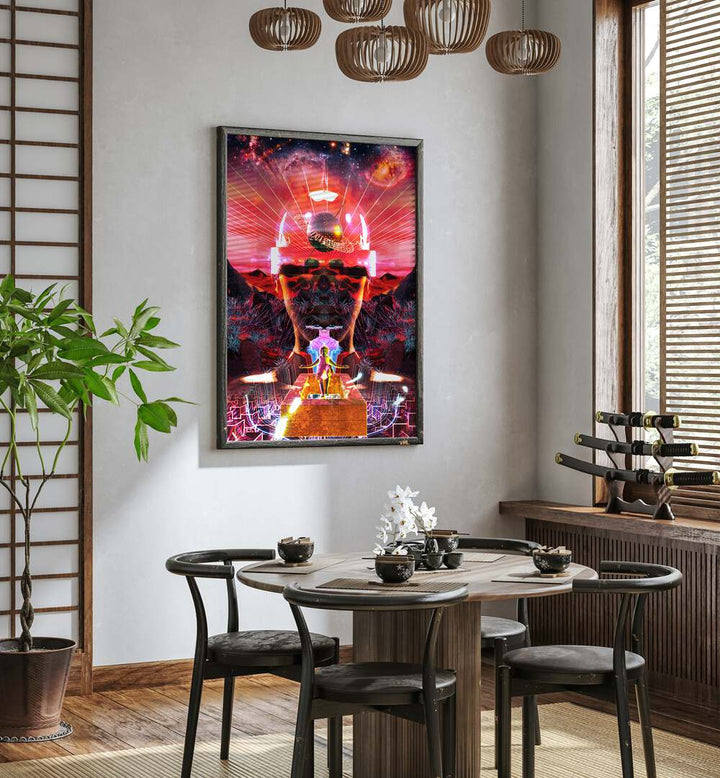 Rebirth By Cosmo Zach Surreal Art Prints Surrealism in Black Plain Frame placed on a wall in dining area behind dining table