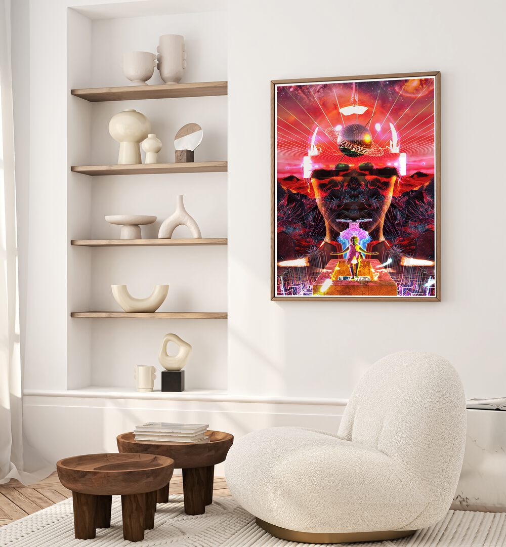 Rebirth By Cosmo Zach Surreal Art Prints Surrealism in Oak Wood Plain Frame placed on a wall behind a sofa